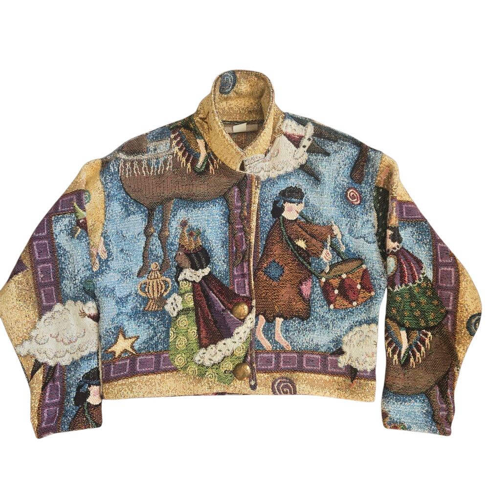 Rare Vintage Nativity Tapestry Jacket Cropped Painted Pony Art To Wear Small